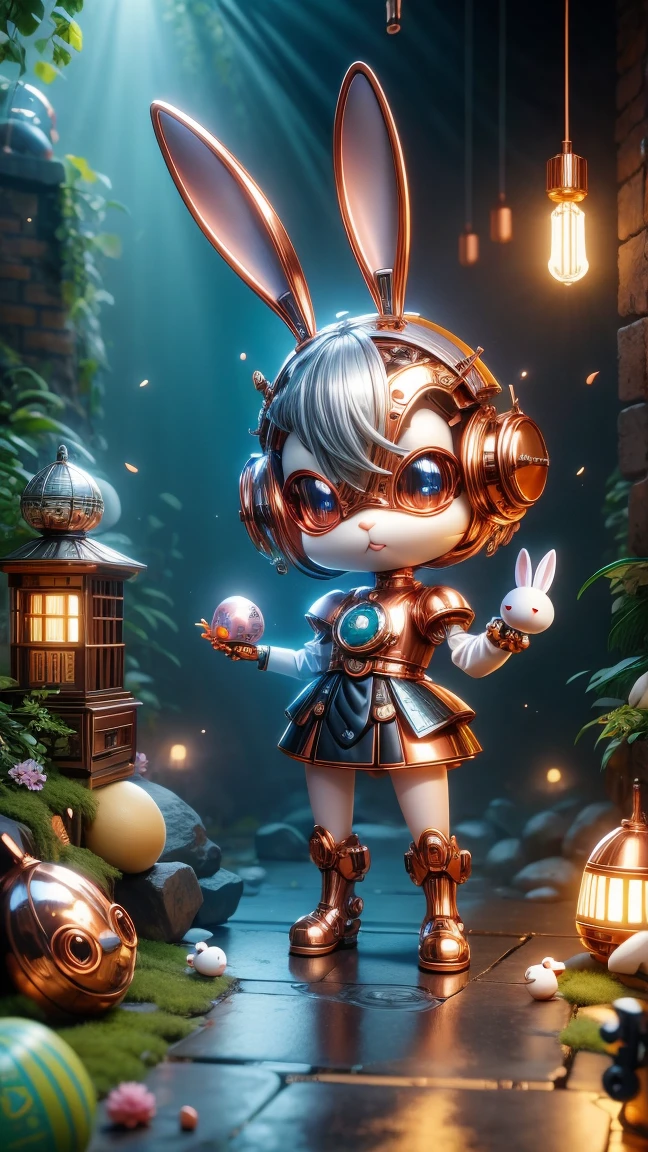 Pixar style, (Blind box toy style:1.2), Cute mechanical rabbit wearing clothes，透明发Light，霓虹灯Light，High precision mechanical parts，Its body is composed of fine copper and silver components.，眼睛像两颗发Light的宝石，Clean, White background, (global illumination, Light线追踪, high dynamic range, Unreal rendering, Reasonable design, high detail, masterpiece, best quality, ultra high definition, Light)，chibi, 3d