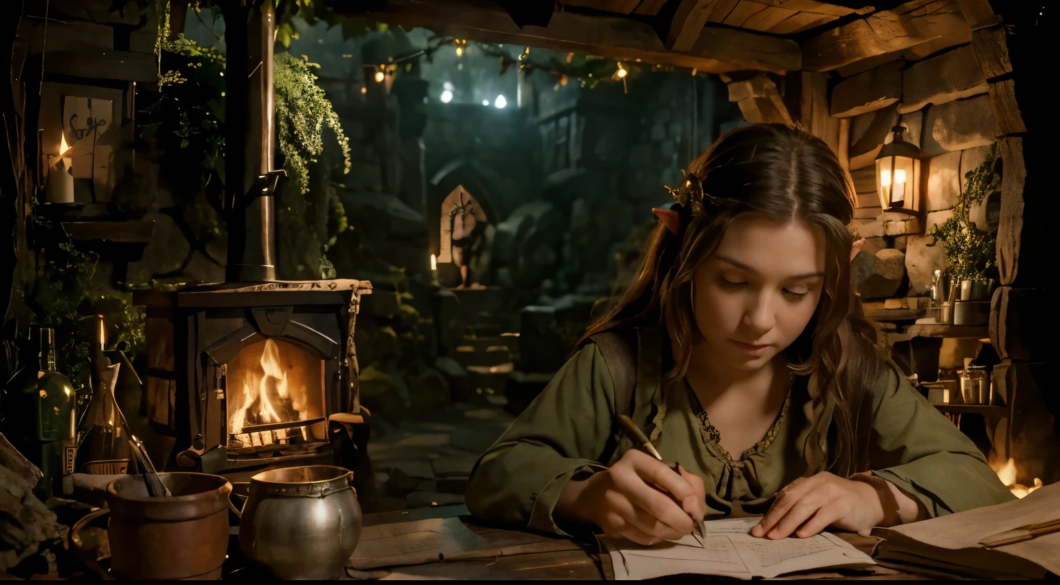 hobbit tavern, a pretty hobbit medieval elf girl writting in a old paper, fireplce back ( do it more detailed )