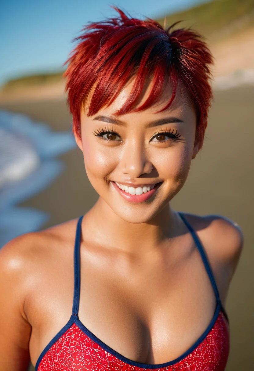 A detailed full body photo of Maci Bradley, an English asian girl, 22 years old, athletic body, upturned hazel eyes, short beehive hairdo red hair, thin eyebrows, happy face,
wearing swimsuit,
hug,looking down,
indoors, a beach, summer,
Hasselblad 500C, Straight on, Medium Close Up frontal, long exposure, (realistic, highly-detailed, masterpiece, 8k)