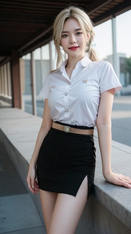 Standing and smiling , stand , (8k, best quality, masterpiece, ultra highres:1.2) Photo of Pretty thai woman beautiful, beautiful enchanting fashion contemporary painting with , (1girl), (white shirt short sleeves), ((black pencil skirt)), belt , , blonde hair, , realistic skin texture , round chin, 85 mm art lens, f 1. 2, sharp focus, 8 k high definition, insanely detailed, intricate, elegant, large breasts, big breasts , black skirt , twin tails hair