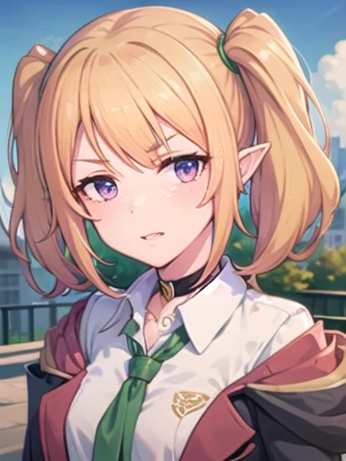 chloe,(masterpiece), (highest quality) , (super detailed), shine, shine光, ray tracing, Depth of the bounds written, (perfect face, detailed face, fine eyes,perfect hand :0.7),(8k),super realistic face,ray tracing,perfect lighting,highest quality, super detailed, shine目, (look at the audienceいる,smile:1.1), ((1 girl)), (mature woman:1.4), classroom,1 girl、solo、chest、look at the audience、blush、bangs、chloe(princess connect)、chloe学校、twin tails、purple eyes、blonde hair、pointy ears、セントテレサの女子アカデミーのschool uniform、pleated skirt、plaid skirt、red skirt、choker、black coat、green tie、,((super detailed背景)), mistress pose, ((8k wallpaper)) , smile, blush, outdoor, Day, blue sky, empty, look at the audienceいる, moody lighting, face-to-face audience,