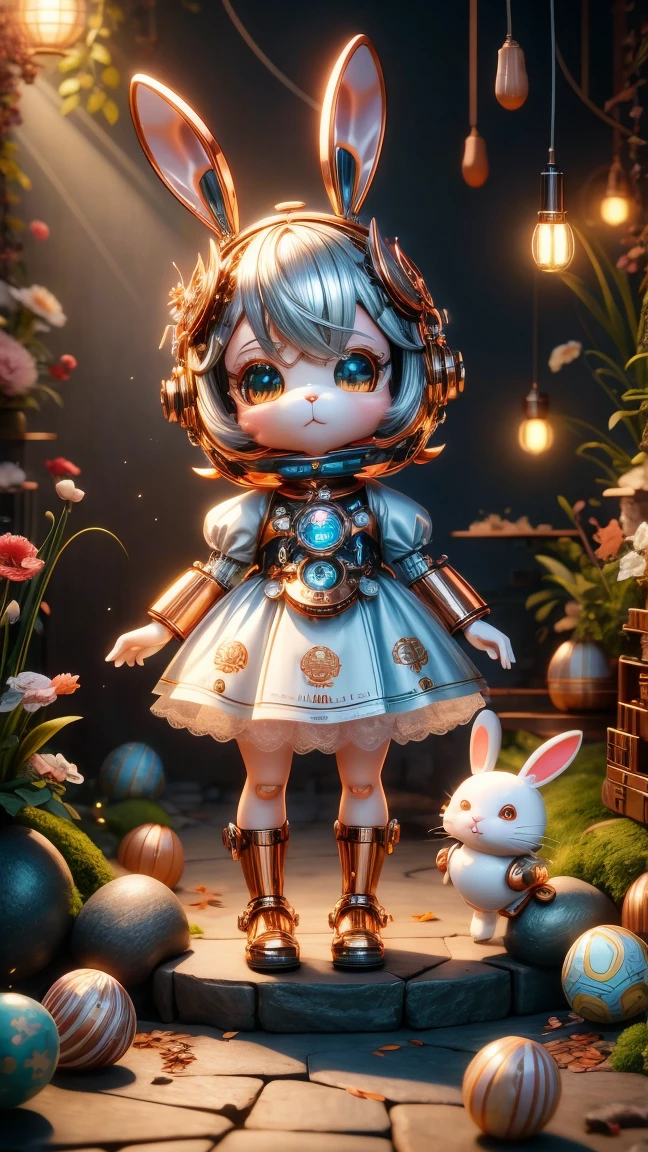 Pixar style, (Blind box toy style:1.2), Cute mechanical rabbit wearing clothes，透明发Light，霓虹灯Light，High precision mechanical parts，Its body is composed of fine copper and silver components.，眼睛像两颗发Light的宝石，Clean, White background, (global illumination, Light线追踪, high dynamic range, Unreal rendering, Reasonable design, high detail, masterpiece, best quality, ultra high definition, Light)，chibi, 3d