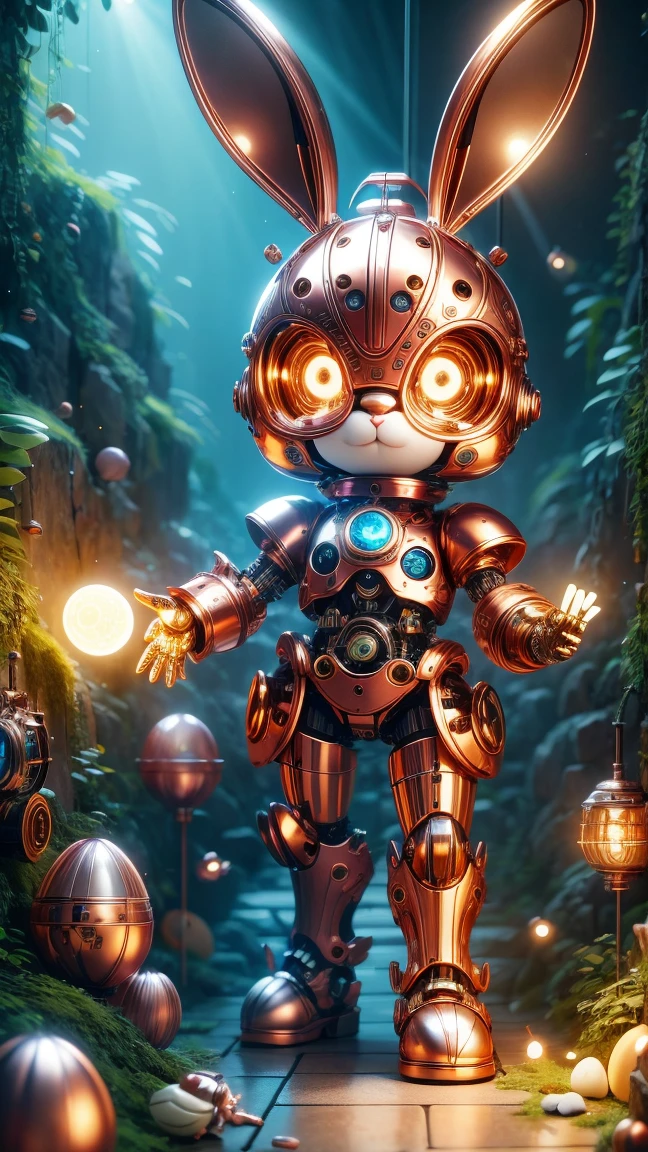 Pixar style, (Blind box toy style:1.2), Cute mechanical rabbit wearing clothes，透明发Light，霓虹灯Light，High precision mechanical parts，Its body is composed of fine copper and silver components.，眼睛像两颗发Light的宝石，Clean, White background, (global illumination, Light线追踪, high dynamic range, Unreal rendering, Reasonable design, high detail, masterpiece, best quality, ultra high definition, Light)，chibi, 3d