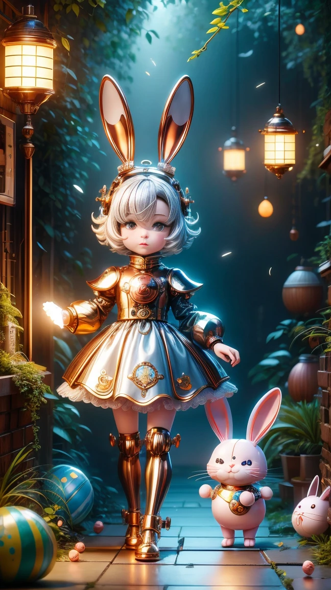 Pixar style, (Blind box toy style:1.2), Cute mechanical rabbit wearing clothes，透明发Light，霓虹灯Light，High precision mechanical parts，Its body is composed of fine copper and silver components.，眼睛像两颗发Light的宝石，Clean, White background, (global illumination, Light线追踪, high dynamic range, Unreal rendering, Reasonable design, high detail, masterpiece, best quality, ultra high definition, Light)，chibi, 3d