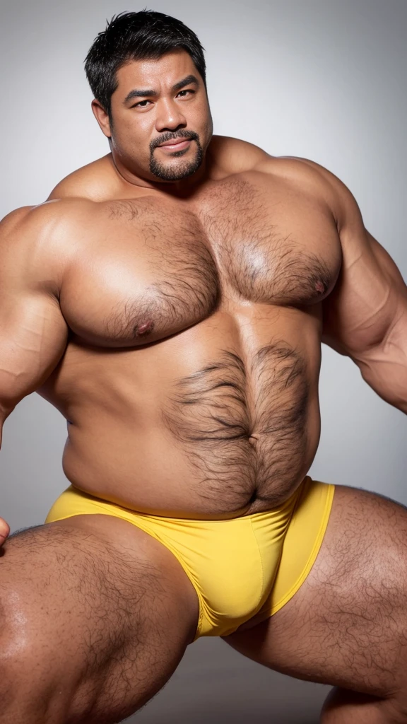 black hair, middle-aged man, individual, male, Muscular wrestler, muscular, Stout wrestler, Asian, Japanese, uncle, 55 year old middle-aged man, short hair, short hair, yellow wrestling boots, full body portrait, shadow, Vision, yellow briefs, obesity, 45 years old, short beard, middle-aged man, tattoo, fingerless gloves, Wheat skin, shiny skin, dark skin, Show your pectoral muscles, sumo wrestler, bodybuilder, wide temples, Visible abdominal muscles, Smile, Fine hands, pure background, Surrealism, Panorama, 8k, super detail,