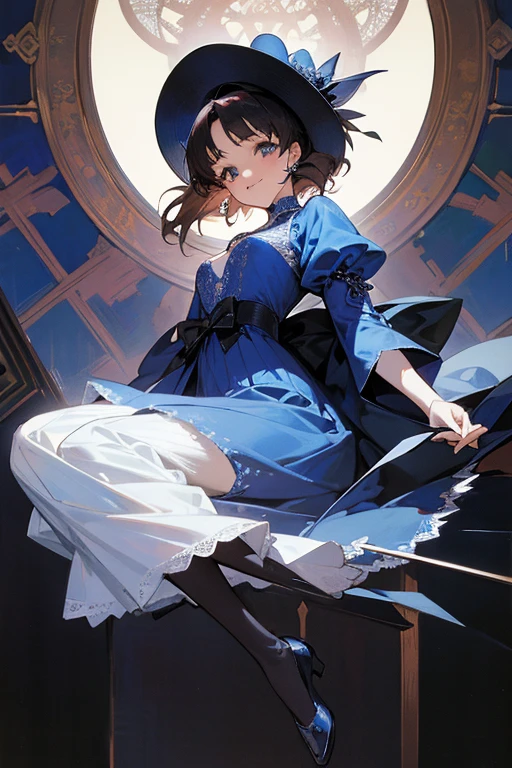 Akina Nakamori、highest quality、masterpiece、Blue lace dress、25 years old、Beautiful woman、sexy、White cross necklace on chest、gothic style、miniature small hat、Sharp and cute、Beautiful woman、Upper grade、lace stockings、The face is well-formed。smile、