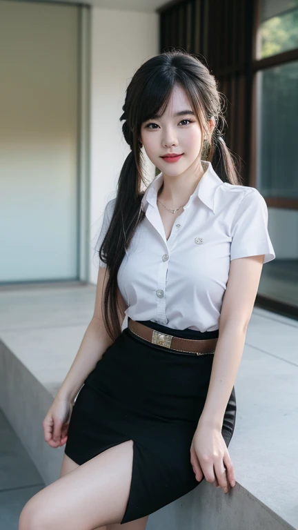 Standing and smiling , stand , (8k, best quality, masterpiece, ultra highres:1.2) Photo of Pretty thai woman beautiful, beautiful enchanting fashion contemporary painting with , (1girl), (white shirt short sleeves), ((black pencil skirt)), belt , , blonde hair, , realistic skin texture , round chin, 85 mm art lens, f 1. 2, sharp focus, 8 k high definition, insanely detailed, intricate, elegant, large breasts, big breasts , black skirt , twin tails hair