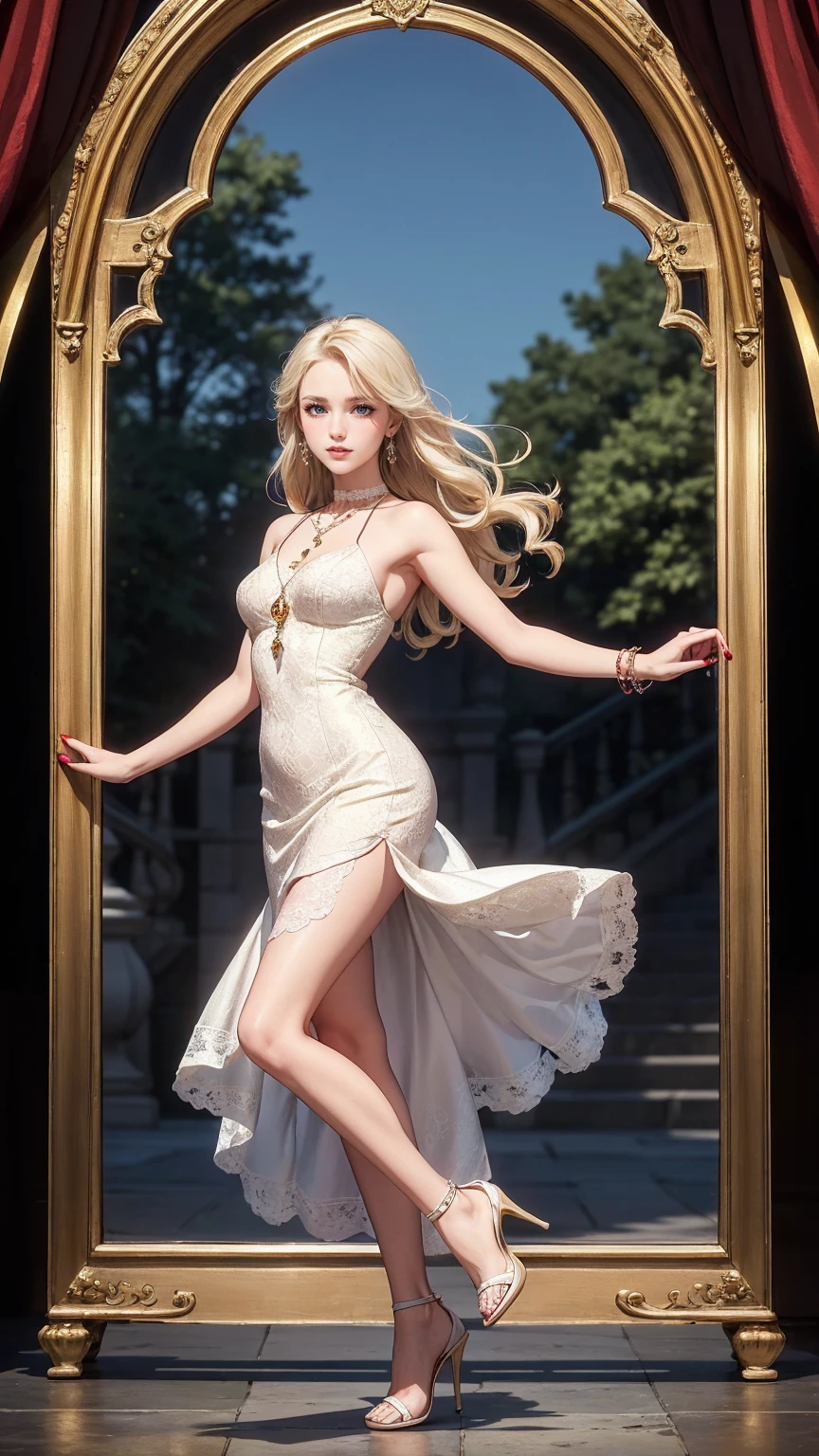 (highest quality, High resolution, masterpiece :1.3), 25 year old white woman、platinum blonde、blue eyeedium long hair、my hair is wavy、smile、Slender but well-proportioned muscular body、I'm wearing earrings、I'm wearing a necklace、Wear accessories on your wrists and ankles、I'm wearing a ring、I don't want my head to disappear from the screen.、Wearing red nail polish、I have a peticure、smile、wearing high heels、wearing a lace choker、wearing a mermaid dress、I am in a garden with an arch full of roses.、The arch is covered with roses、Behind the arch is a clear blue sky、low angle camera angle