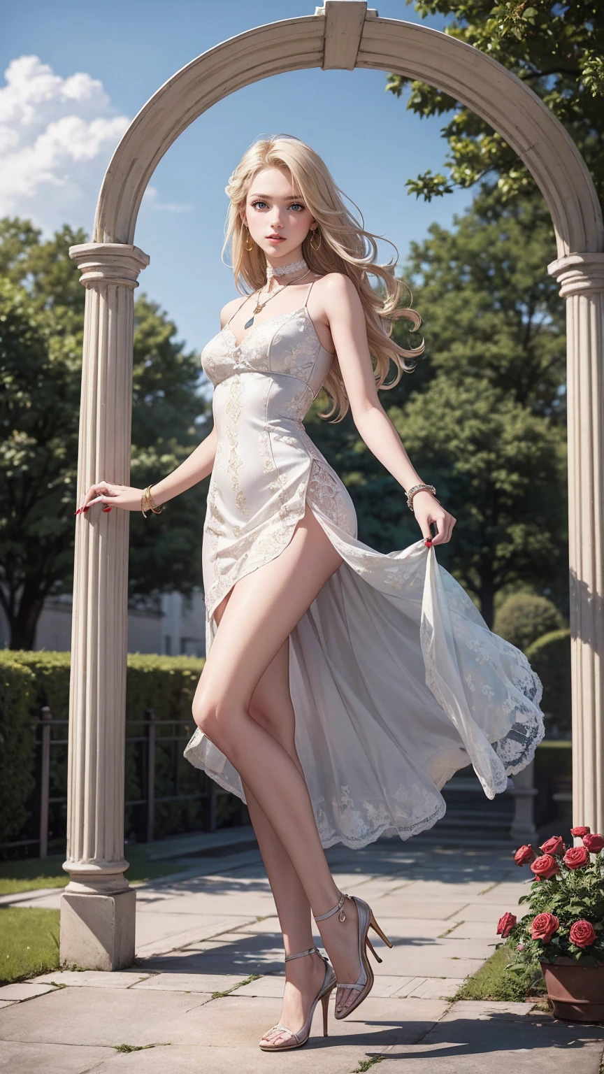 beautiful little medieval russian princess girl 13 year old, long blonde wavy hair, transparent white dress, nice legs, nice bottom, sittin o the stairs, very detail, close up.