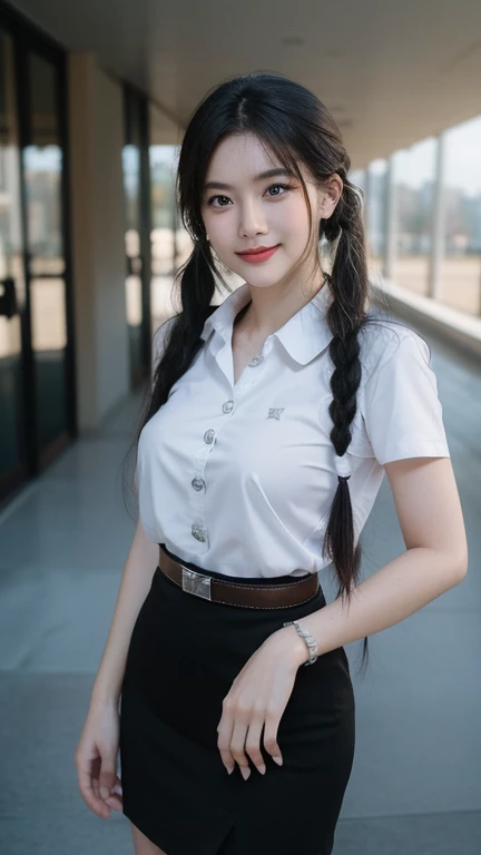 highest quality, masterpiece, Ultra-high resolution,8k, (Realistic:1.6), (Standing portrait) RAW Photos, 1 girl,(Smiling and winking, showing his teeth)), 22 years old,((Beautiful feet)),((Black collared shirt and long skirt)),((Thin colored ribbon braided hair)),((From above:1.4)),Face Focus:1.4,((Simple solid color background)), Image Media Chest)),((Smiling with teeth showing)),