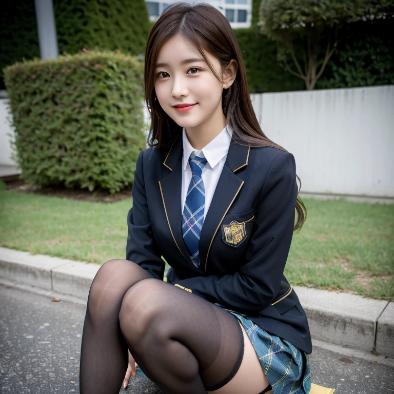 (8K), (highest quality: 1.2), (realistic), (realistic: 1.37), ultra high resolution, (1 girl), cute, smile, closed mouth, beautiful details, beautiful nose, wet hair, giant dulcefo, pork, thighs，self snap,University Student Uniform,simple blazer,pleated skirt,(The pattern of the skirt and tie is a tartan check pattern...:1.3),(sitting:1), sit on the ground,(hugging own legs:1),opaque tights,from the front