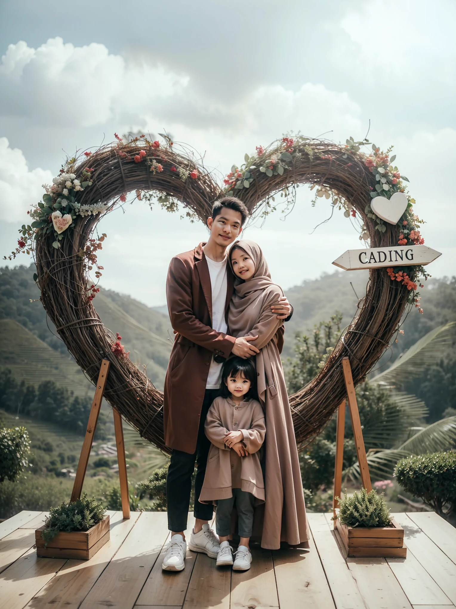 there is a man and woman standing in front of a heart shaped wreath, an indonesian family portrait, happy family, family photography, casual photography, husband wife and son, shot on canon eos r 5, shot on canon eos r5, backdrop, true realistic image, family, portrait of family of three, couple, lovely couple, full body photogenic shot, couple pose