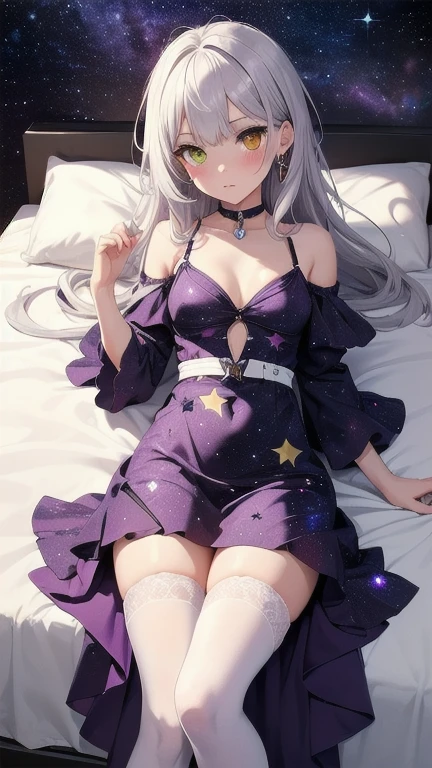 1girl, (masterpiece), best quality, expressive eyes, perfect face, (violet and yellow eyes heterochromia), heterochromia, (purple galactic thighhighs), purple galactic print dress, lying in a bed, (wearing purple galactic print dress), jewelry, solo, white hair, silver colored inner hair, long hair, small breasts, detached, choker, blush, galaxy background