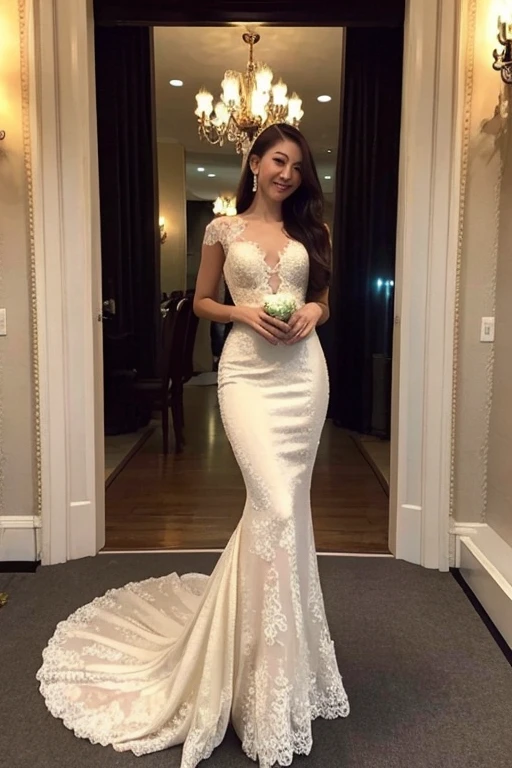 ((best quality:1.2)), ((masterpiece)), (detailed:1.2), 25 year old girl, proportional body and breasts, Slim Fit Mermaid Long Tail Gold Lace Flower Wedding Bridal Gown Evening Dress, (smile:0.8), night, mystical fireflies around her, moonbeams,