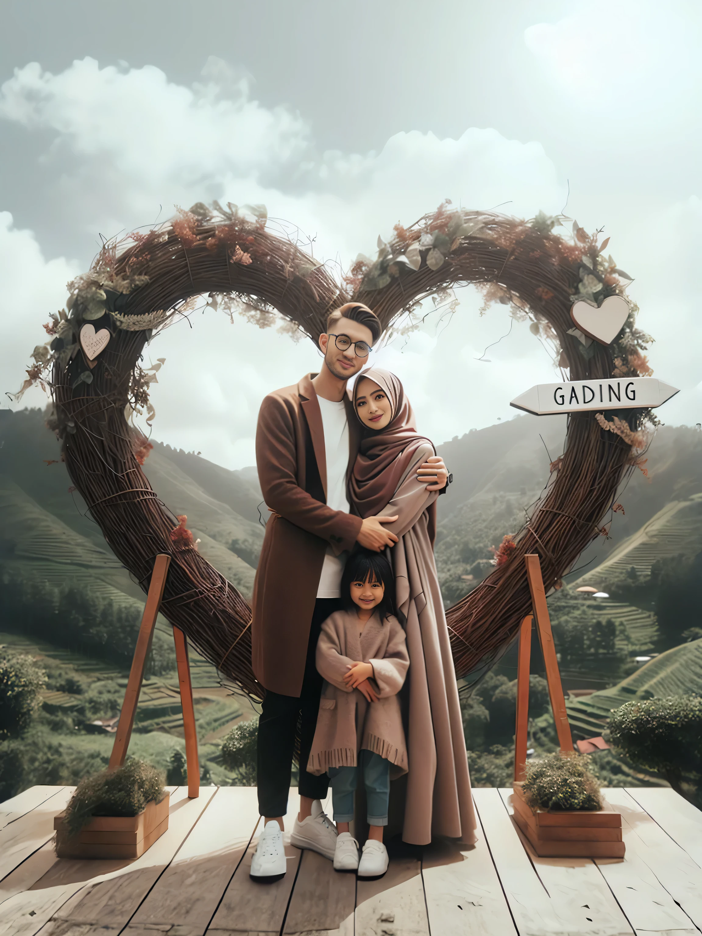 there is a man and woman standing in front of a heart shaped wreath, an indonesian family portrait, happy family, family photography, casual photography, husband wife and son, shot on canon eos r 5, shot on canon eos r5, backdrop, true realistic image,  family, portrait of family of three, couple, lovely couple, full body photogenic shot, couple pose