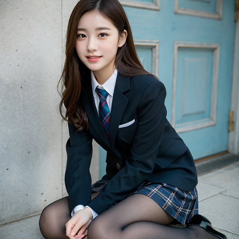 (8K), (highest quality: 1.2), (realistic), (realistic: 1.37), ultra high resolution, (1 girl), cute, smile, closed mouth, beautiful details, beautiful nose, wet hair, giant dulcefo, pork, thighs,self snap,University Student Uniform,simple blazer,pleated skirt,(The pattern of the skirt and tie is a tartan check pattern...:1.3),(sitting:1), sit on the ground,(hugging own legs:1),opaque tights,from the front