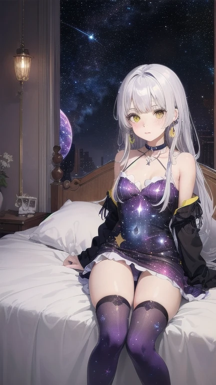 1girl, (masterpiece), best quality, expressive eyes, perfect face, (violet and yellow eyes heterochromia), heterochromia, (purple galactic thighhighs), purple galactic print dress, lying in a bed, (wearing purple galactic print dress), jewelry, solo, white hair, silver colored inner hair, long hair, small breasts, detached, choker, blush, galaxy background