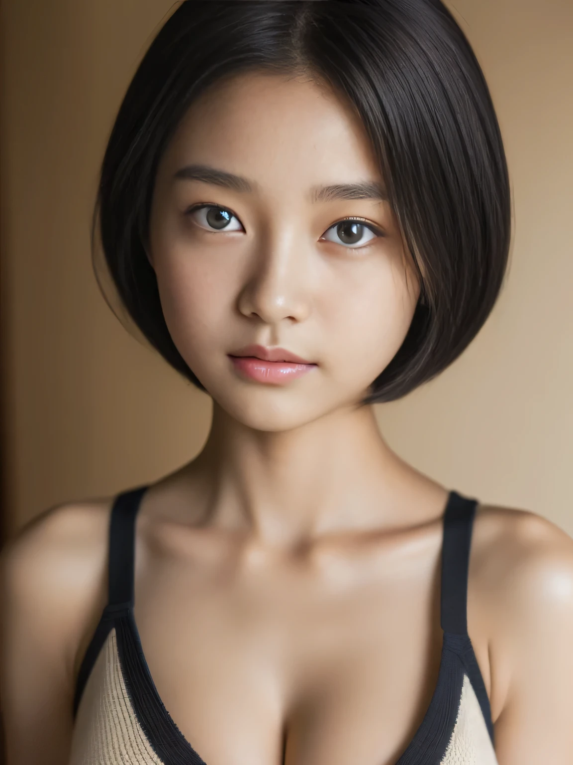 ((highest quality, 8K, masterpiece :1.3)), 1 girl, Pretty woman with slender abs :1.3, (medium short hair, huge breasts :1.2), cardigan :1.1, super detailed face, fine eyes, double eyelid,, junior high  girl、shortcut,Beautiful dark-skinned Japan woman、(Editorial about a beautiful 13-year-old half-Fipioman.ull body shot、(((shortcut:1.3))),((dark skin:1.3)),(((huge breasts:1.3))),