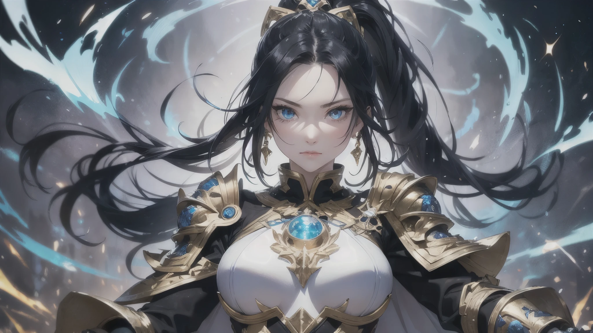 a mature woman, a china woman, Confident, mighty and strong, (black blue hair streaked sky blue luminous hair), ((Extra long high ponytail with single side ear front hair combed in back)), floating hair, hair strand, shiny hair, blue amber eyes, pupils sparkling, aqua eyes, glowing eyes, pupils sparkling, upturned eyes, long upper eyelashes, double eyelids, deep red purple lips, white crystal earrings, a slight smile, (((Glowing clothing effect))), (Silver full body heavy armor), (super high exquisite black and gold twin color pattern on silver armor:1.6), ((The left forearm is surrounded by fire)), ((The right forearm is surrounded by lightning)), (A huge upright magic ring of fire and thunder appears behind the shoulder:1.4), She is a war goddess, Random pose, Random expressions, Random background, White light surrounding the body, god rays, anime, full_body, Wide-Angle, UHD, masterpiece, award winning, 8k, super detail, best quality, retina, ccurate, super textured skin, super detail face, perfect face, Super fine facial details, beautiful and delicate eyes, perfect eyes, anatomically correct, correct limbs, correct finger, super detail finger, best hair quality, best clothing quality, best prop quality, best totem detail and quality, complex totem detail