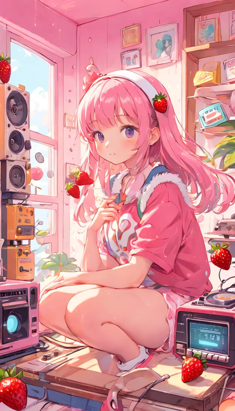 perfect body、girl wearing headphones、(((Girl's UP)))、(((The girl's face is well visible)))、make many round chicks、((12 years old))、(((cassette tape、radio cassette player、record)))、cute beautiful girl、((Listening to music with headphones on))、machine、Note、computer、light bulb、window、Chair、curtain、retro、(((80s))) Neon color、pastel colour、((Light pink room))、Polka dot pattern、strawberry、80'sパターン、round pattern、square pattern、Cartoon screentones、Dot pattern is applied from above、cooking、chick chick、Cotton candy、candy、(((Get into a rhythm))), (((lofi-art))), Cute white fur ball creature、(((The structure and balance of the face of the human body, objects, and living things are well-balanced without any discomfort.))), (((the fingers of the hand5Book))), (((beautiful and well-shaped body)))、(((Cute and beautiful face)))、(((strawberry、summer、pink and white)))