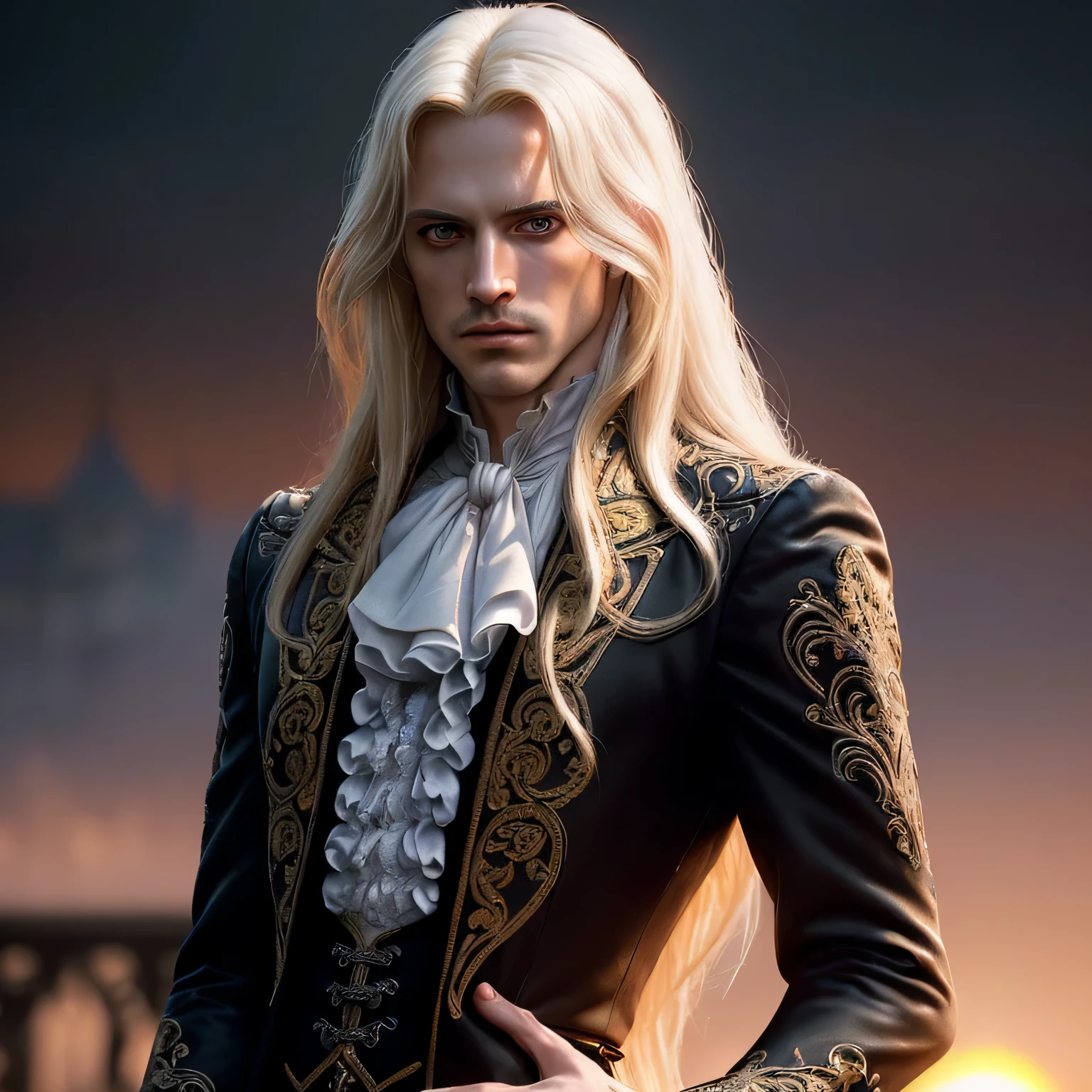 (masterpiece), (extremely intricate:1.3), (realistic), Alucard Tepes, Castlesvania, portrait of a a man, the most beautiful in the world, (black pants and white puffy shirt). (long blond hair), (golden eye), (pale skin), upper body, outdoors, intense sunlight, far away castle, professional photograph of a stunning man detailed, sharp focus, dramatic, award winning, cinematic lighting, octane render  unreal engine,  volumetrics dtx, (film grain, blurry background, blurry foreground, bokeh, depth of field, sunset, motion blur:1.3),