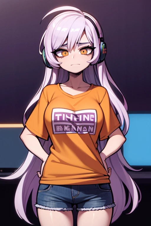((artwork, Best quality)), studio lighting, (1 woman), (Alone), (female focus), (stand:1.3), (looking forward: 1.3), illustration, e-girl, girl gamer, gamer, casual clothes, t-shirt, jeans, headset, recluse, shy, (very wide shot: 1.5), long hair, messy hair, human ear, gray eyes, worried look, worried, shy look, embarrassed smile, self-conscious, bright eyes, dyed hair, bold makeup, digital art, purple background, vibrant colors, neon lights, best quality, 4k, high resolution, ultra-detailed, light reflection, anatomically correct