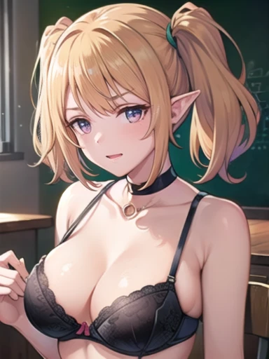 NSFW, see through,black bra,chloe,masterpiece, highest quality, super detailed, shine, shine光, ray tracing, Depth of the bounds written, (perfect face, detailed face, fine eyes,perfect hand :0.7),(8k),super realistic face,ray tracing,perfect lighting,highest quality, super detailed, shine目, (look at the audienceいる,smile:1.1), ((1 girl)), (mature woman:1.4), classroom,1 girl、solo、chest、look at the audience、blush、bangs、chloe(princess connect)、princess connect、pointy ears、elf、twin tails、blonde hair、purple eyes,((super detailed背景)), mistress pose, ((8k wallpaper))  , smile, blush, outdoor, Day, blue sky, empty, look at the audienceいる, moody lighting, face-to-face audience,