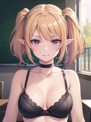 NSFW, see through,black bra,chloe,masterpiece, highest quality, super detailed, shine, shine光, ray tracing, Depth of the bounds written, (perfect face, detailed face, fine eyes,perfect hand :0.7),(8k),super realistic face,ray tracing,perfect lighting,highest quality, super detailed, shine目, (look at the audienceいる,smile:1.1), ((1 girl)), (mature woman:1.4), classroom,1 girl、solo、chest、look at the audience、blush、bangs、chloe(princess connect)、princess connect、pointy ears、elf、twin tails、blonde hair、purple eyes,((super detailed背景)), mistress pose, ((8k wallpaper)) , smile, blush, outdoor, Day, blue sky, empty, look at the audienceいる, moody lighting, face-to-face audience,