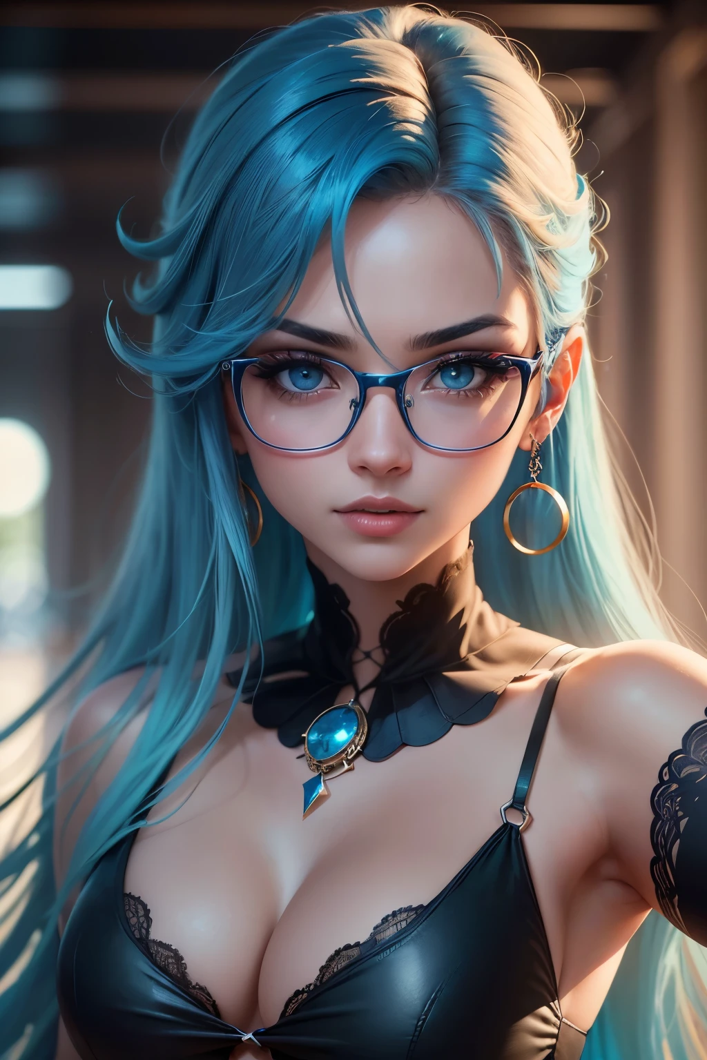 (obra-prima1:2, 4K, 8k, Melhor qualidade, high resolution), mulher sexy, cabelo longo azul, Olhos lindos, wearing glasses, estilo ciberpunk, cores vivas, look sexy, rosto sedutor, pov, visualizadores