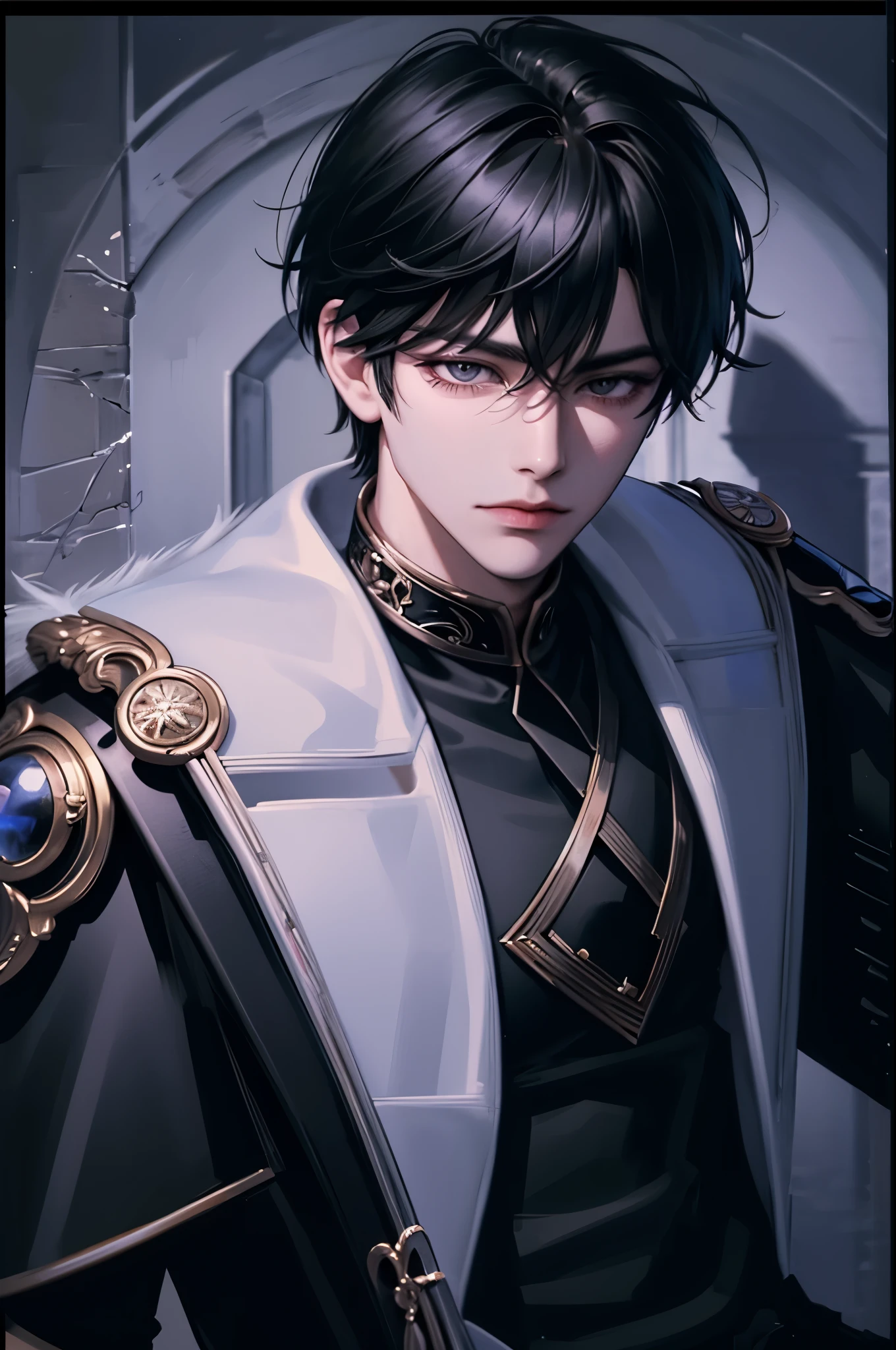 masterpiece, best quality, 1man, adult, male focus, solo, medium black hair, vibrant black eyes, looking at viewer, closed mouth, fur, Fantasy aesthetics, Highly detailed, shadowverse style, white leather coat