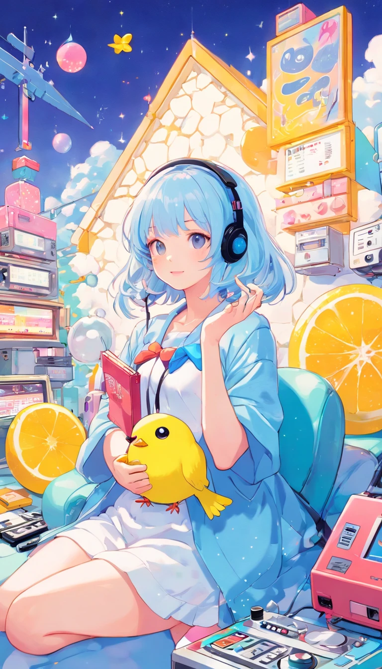 (((Girl's UP)))、(((The girl's face is well visible)))、make many round chicks、((12 years old))、(((cassette tape、radio cassette player、record)))、cute beautiful girl、((Listening to music with headphones on))、machine、Note、computer、light bulb、window、Chair、curtain、retro、(((80s))) Neon color、pastel colour、((blue and white room))、Polka dot pattern、lemon、80'sパターン、round pattern、square pattern、Cartoon screentones、Dot pattern is applied from above、cooking、chick chick、Cotton candy、candy、(((Get into a rhythm))), (((lofi-art))), Cute white fur ball creature、(((The structure and balance of the face of the human body, objects, and living things are well-balanced without any discomfort.))), (((the fingers of the hand5Book))), (((beautiful and well-shaped body)))、(((Cute and beautiful face)))、Ramune Ramune Ramune、summer