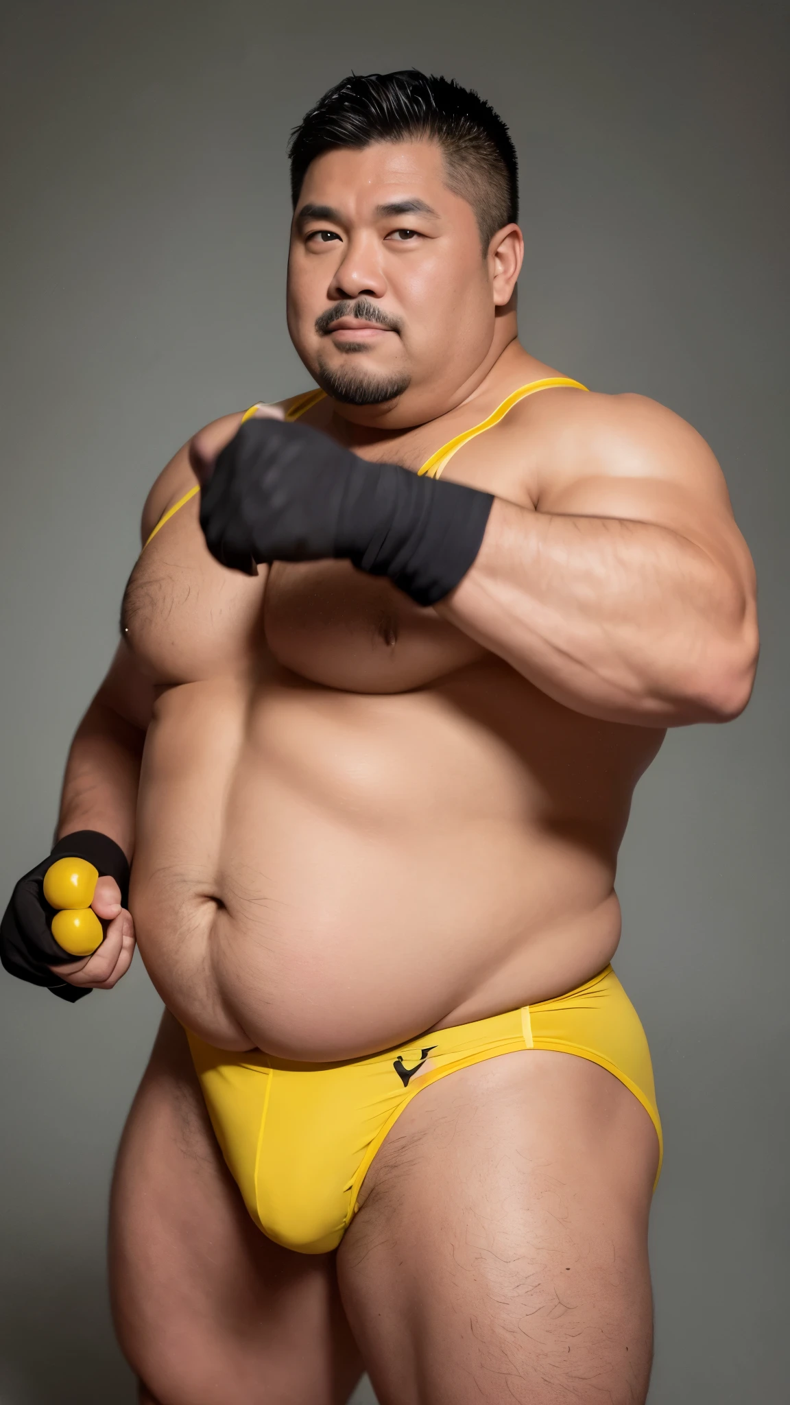 black hair, middle-aged man, individual, male, Muscular wrestler, muscular, Stout wrestler, Asian, Japanese, uncle, 55 year old middle-aged man, short hair, short hair, yellow wrestling boots, full body portrait, shadow, Vision, yellow briefs, obesity, 45 years old, short beard, middle-aged man, tattoo, fingerless gloves, Wheat skin, shiny skin, dark skin, Show your pectoral muscles, sumo wrestler, bodybuilder, wide temples, Visible abdominal muscles, Smile, Fine hands, pure background, Surrealism, Panorama, 8k, super detail,