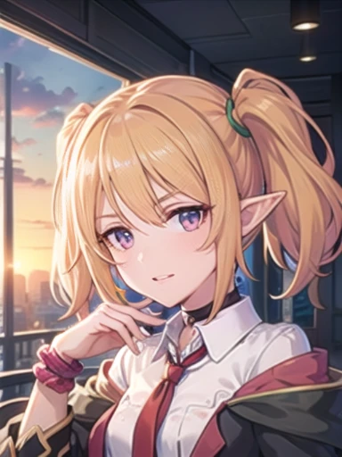 chloe,(masterpiece), (highest quality) , (super detailed), shine, shine光, ray tracing, Depth of the bounds written, (perfect face, detailed face, fine eyes,perfect hand :0.7),(8k),super realistic face,ray tracing,perfect lighting,highest quality, super detailed, shine目, (look at the audienceいる,smile:1.1), ((1 girl)), ( woman:1.4), classroom,1 girl、solo、chest、look at the audience、blush、bangs、chloe(princess connect),Upper body,Teresa&#39;s Girls Academy Uniform、pointy ears、twin tails、elf、blonde hair、tie、black coat、gray shirt、purple eyes、choker、手首のScrunchie、Scrunchie、pleated skirt、黒いchoker、red skirt、緑のtie、open clothes、hair between eyes、socks、thigh straps、loafers、((super detailed背景)), mistre ((8k wallpaper))  , smile, blush, outdoor, Day, blue sky, empty, look at the audienceいる, moody lighting, face-to-face audience,