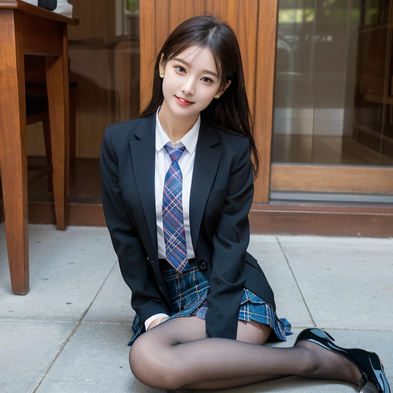 (8K), (highest quality: 1.2), (realistic), (realistic: 1.37), ultra high resolution, (1 girl), cute, smile, closed mouth, beautiful details, beautiful nose, wet hair, giant dulcefo, pork, thighs，self snap,University Student Uniform,simple blazer,pleated skirt,(The pattern of the skirt and tie is a tartan check pattern....:1.3),(sitting:1), sit on the ground,(hug your feet:1),opaque tights,from the front