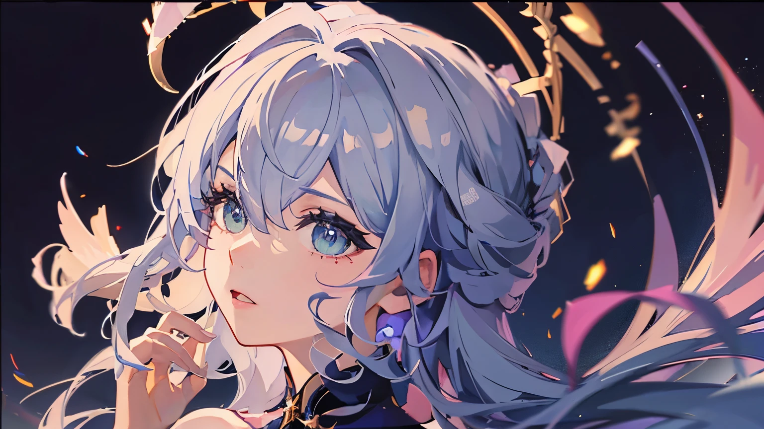 girl sings against the background of the night sky, her hair is scattered, she looks into the frame, small wings instead of ears