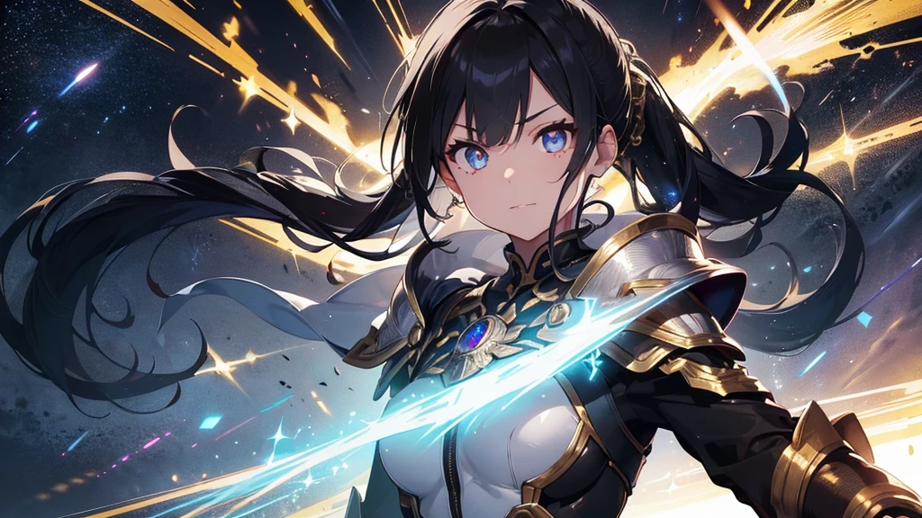 a mature woman, a china woman, Confident, mighty and strong, (black blue hair streaked sky blue luminous hair), ((Extra long high ponytail with single side ear front hair combed in back)), floating hair, hair strand, shiny hair, blue amber eyes, pupils sparkling, aqua eyes, glowing eyes, pupils sparkling, upturned eyes, long upper eyelashes, double eyelids, deep red purple lips, white crystal earrings, a slight smile, (((Glowing clothing effect))), (Silver full body heavy armor), (super high exquisite black and gold twin color pattern on silver armor:1.6), ((The left forearm is surrounded by fire)), ((The right forearm is surrounded by lightning)), (A huge upright magic ring of fire and thunder appears behind the shoulder:1.4), She is a war goddess, Random pose, Random expressions, Random background, White light surrounding the body, god rays, anime, full_body, Wide-Angle, UHD, masterpiece, award winning, 8k, super detail, best quality, retina, ccurate, super textured skin, super detail face, perfect face, Super fine facial details, beautiful and delicate eyes, perfect eyes, anatomically correct, correct limbs, correct finger, super detail finger, best hair quality, best clothing quality, best prop quality, best totem detail and quality, complex totem detail