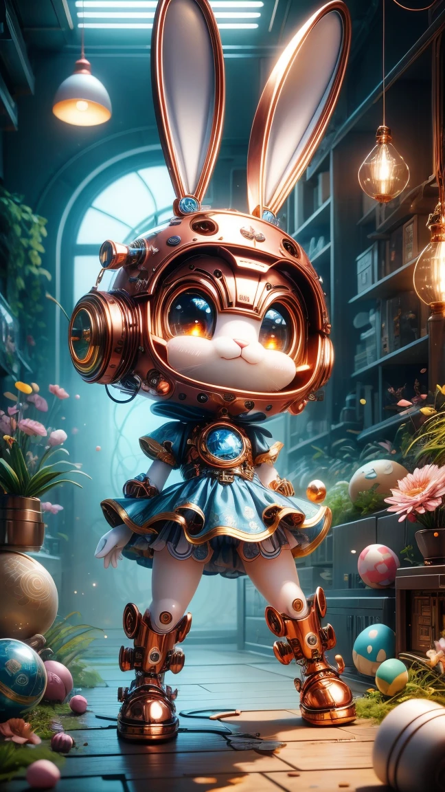 Pixar style, (Blind box toy style:1.2), Cute mechanical rabbit wearing clothes，透明发Light，霓虹灯Light，High precision mechanical parts，Its body is composed of fine copper and silver components.，眼睛像两颗发Light的宝石，Clean, White background, (global illumination, Light线追踪, high dynamic range, Unreal rendering, Reasonable design, high detail, masterpiece, best quality, ultra high definition, Light)，chibi, 3d