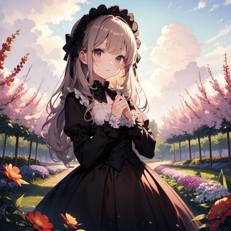 highest quality、masterpiece、8K、Gothic ta Dress、curly hair、cloud、null、flower garden