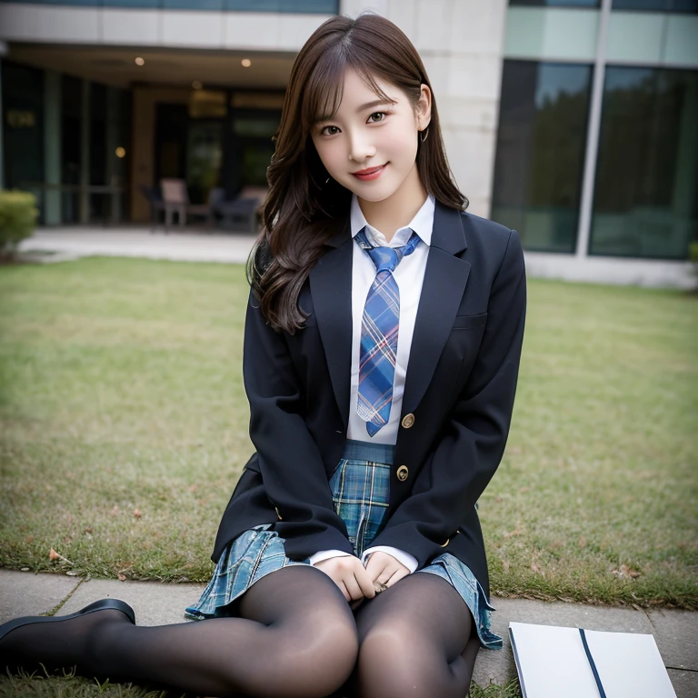 (8K), (highest quality: 1.2), (realistic), (realistic: 1.37), ultra high resolution, (1 girl), cute, smile, closed mouth, beautiful details, beautiful nose, wet hair, giant dulcefo, pork, thighs，self snap,University Student Uniform,simple blazer,pleated skirt,(The pattern of the skirt and tie is a tartan check pattern....:1.3),(sitting:1), sit on the ground,(hug your feet:1),opaque tights,from the front