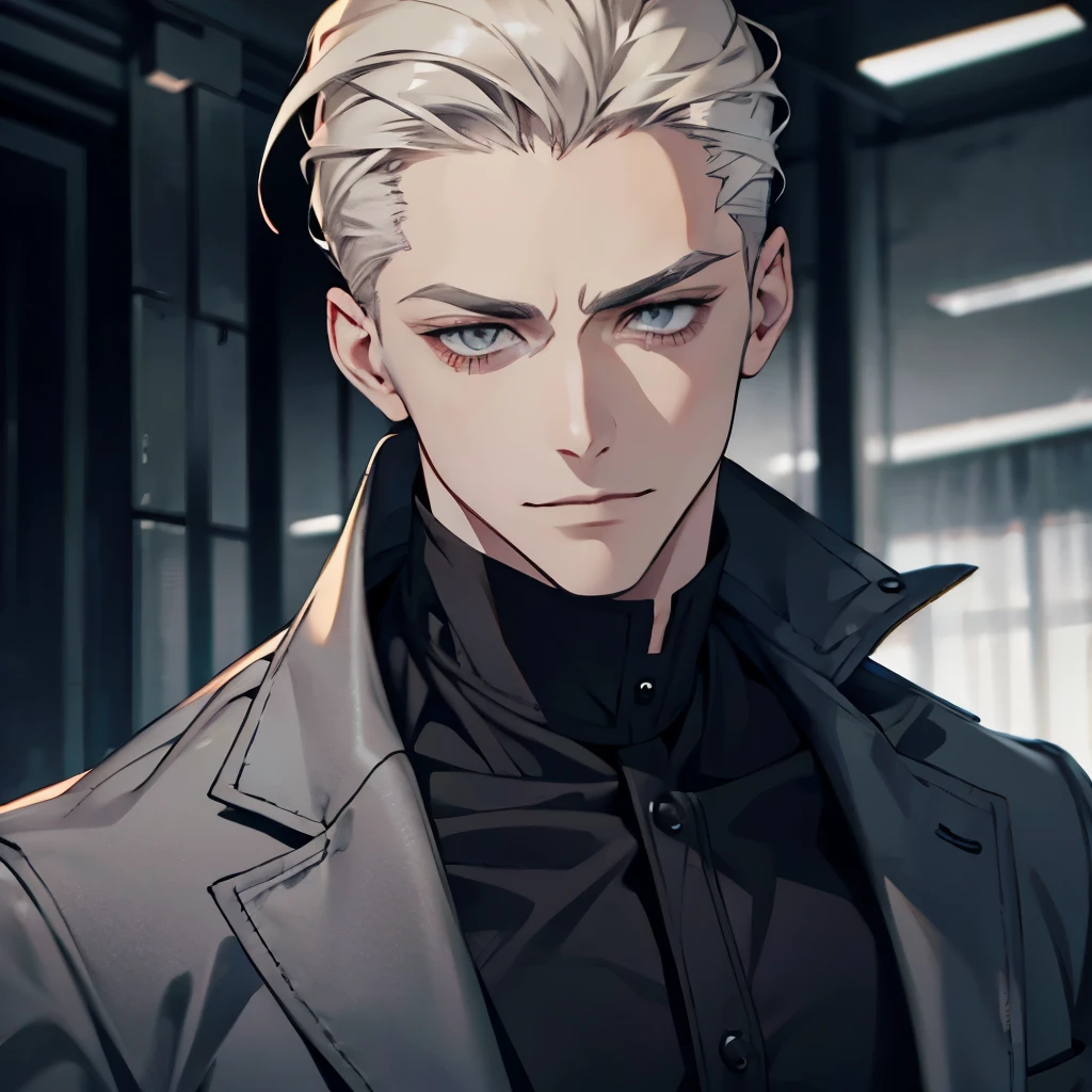 Male, glaring, manly, smiling, psycho, pale blonde, dangerous, gray eyes, hair slicked back