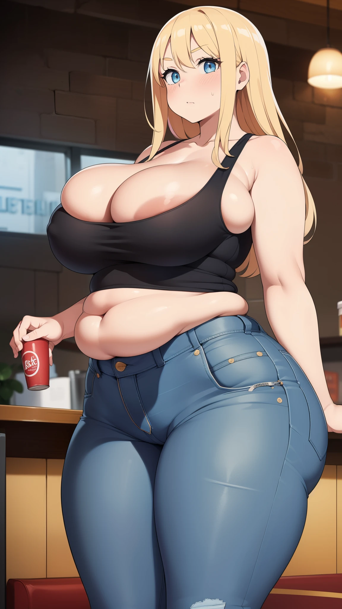 ((Masterpiece)), perfect anatomy, perfect shading, field of depth, (best quality), extremely delicate and beautiful, perfect lighting, detailed face, ultra cute face, cute, (1girl), (solo),
long fluffy blonde hair, blue eyes, ((blush)), nervous, looking at viewer, tank top, jeans, cleavage, large breasts, ((thick thighs)), (wide hips), fat ass, chubby,
intricate background, detailed background, fast food restaurant, standing,