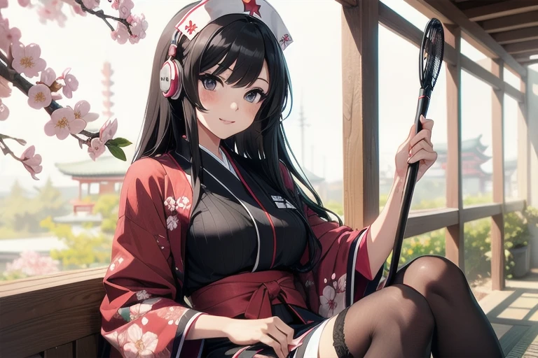 1girl, anime, black eyes, long black hair with square bangs, very long black hair, super long black hair, skirt and stockings, heels, black Japanese style kimono mixed with ribbed black sweater with red accents and sakura floral design, ((ribbed black sweater)) adult, (Japanese shrine/temple background), gamer, (((gamergirl))), kimono sleeves, garter, graceful, (((nurse outfit))), broom, happy headphones, (sakura floral design), herbal garden background