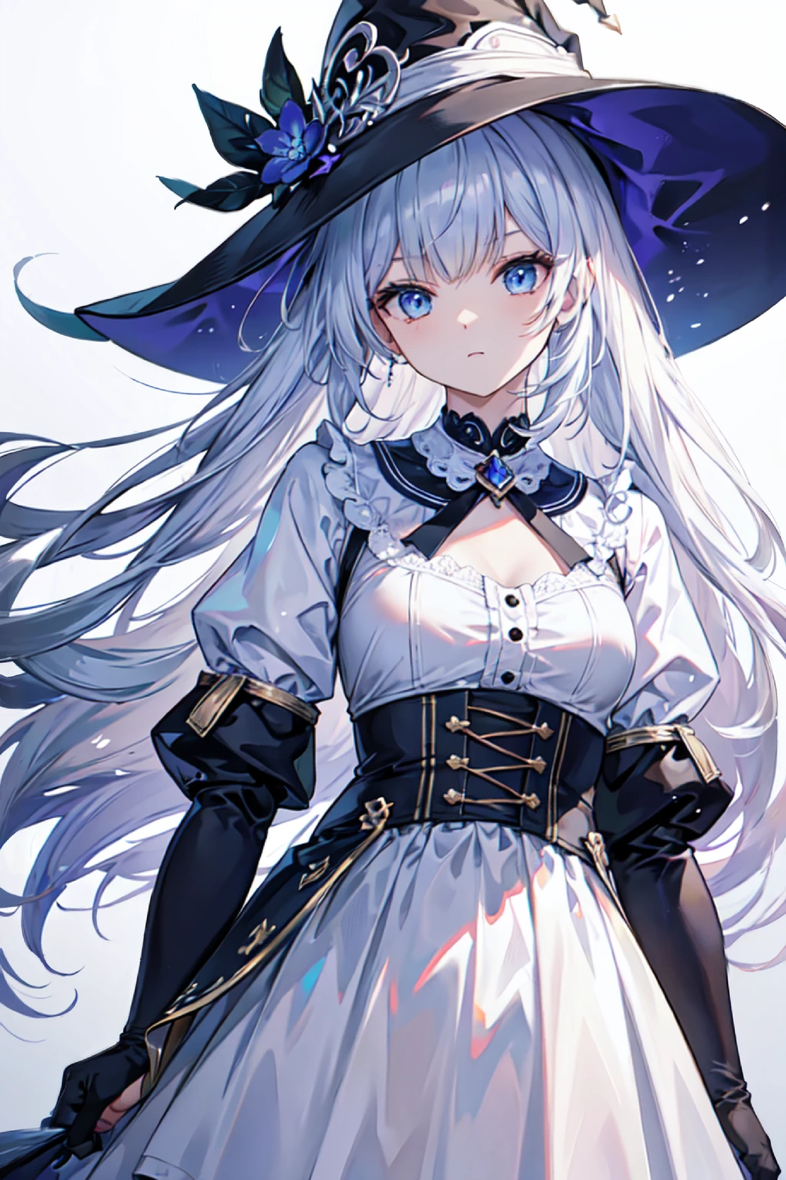 (8K, highest quality, masterpiece:1.2),(eye),((Clothes details)),High-definition CG Unity 8k, focus, realistic, shadow, soft lighting, close-up, white hair, flutter hair, gorgeous, warm smile, witch, high waist skirt, white skirt, long sleeves, ribbon, white dress, gloves, Choker noble necklace. ((skies))