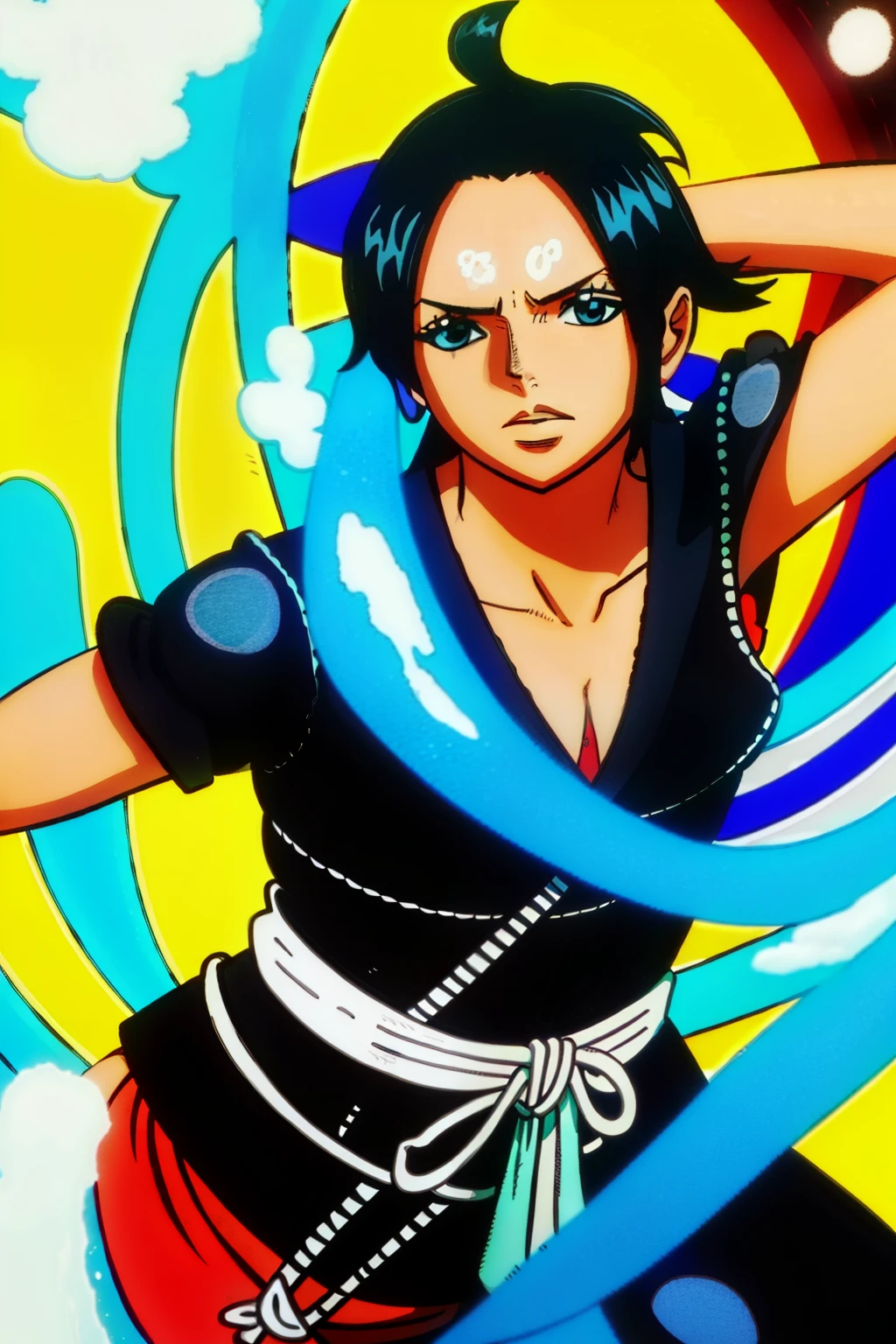 Personagem paladino com escudo, olhos azuis, cabelo preto, pele morena, corpo inteiro, armadura preta