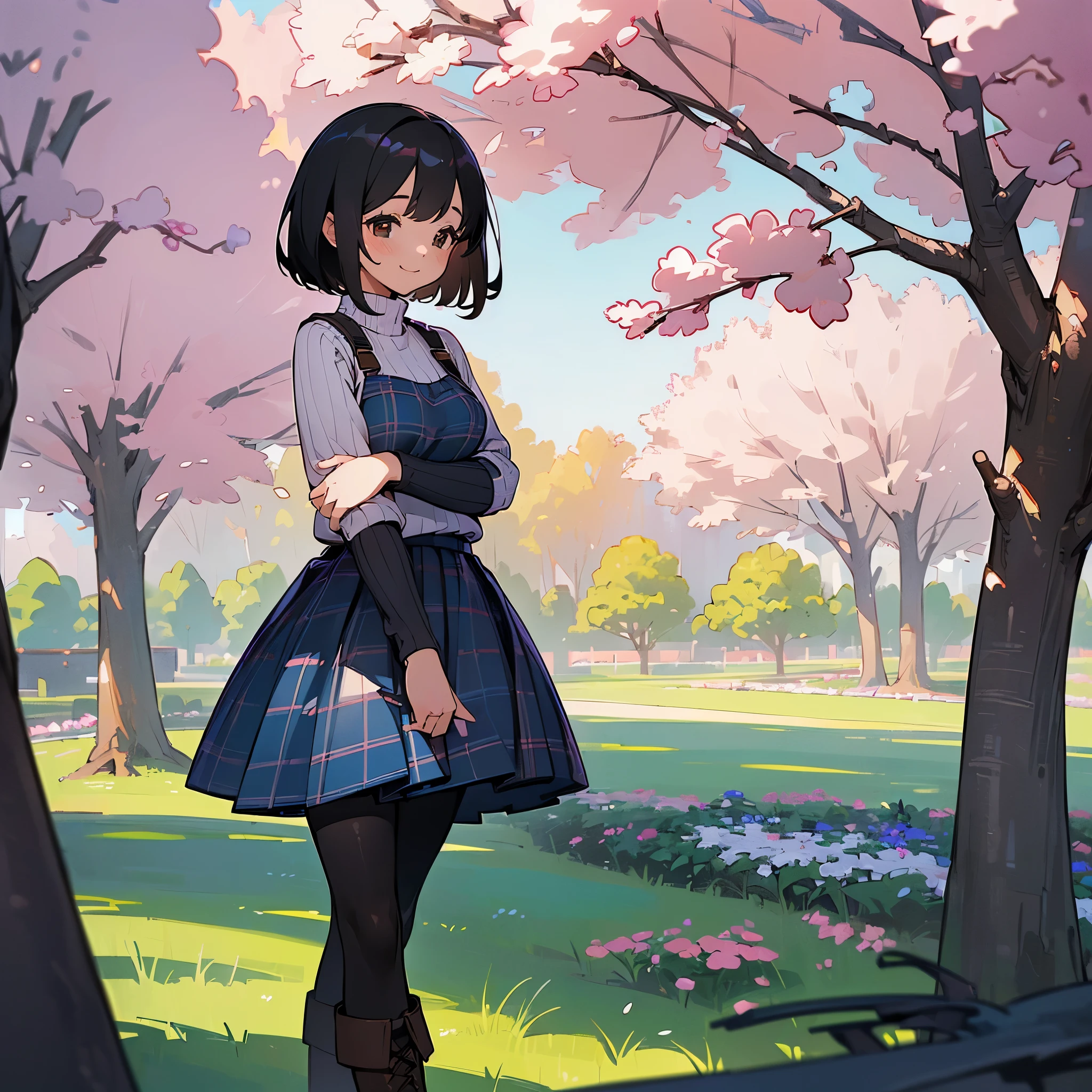 (high quality, High resolution, Super detailed, reality:1.37), peaceful atmosphere, (outdoor, garden ,Cherry tree), teenage girl standing alone, (my breasts are big.), Beautiful detail features, cute smile, (black bob hair), ribbed sweater, blue plaid skirt, black tights, brown boots.