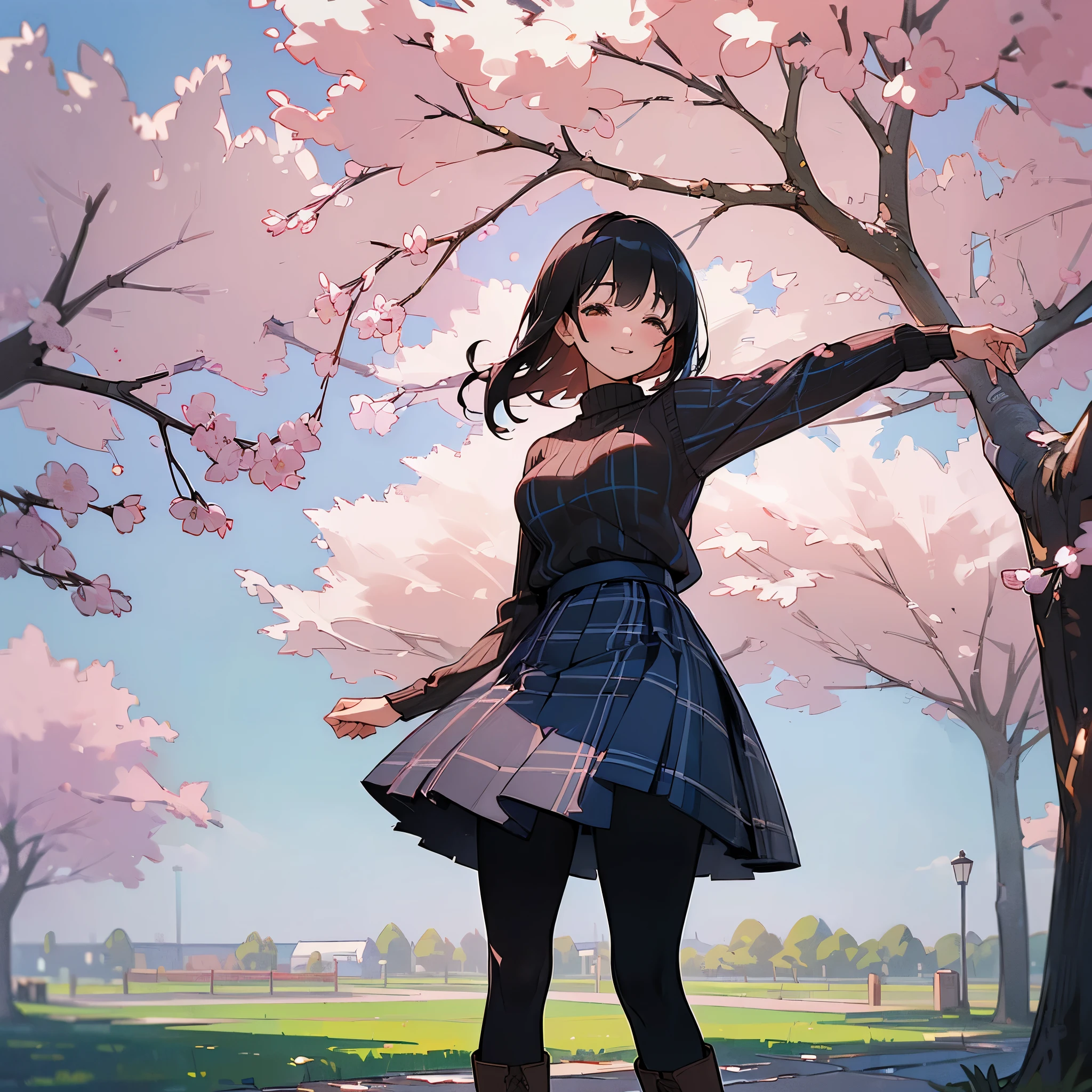 (high quality, High resolution, Super detailed, reality:1.37), peaceful atmosphere, (outdoor, garden ,Cherry tree), teenage girl standing alone, (my breasts are big.), Beautiful detail features, cute smile, (black bob hair), ribbed sweater, blue plaid skirt, black tights, brown boots.