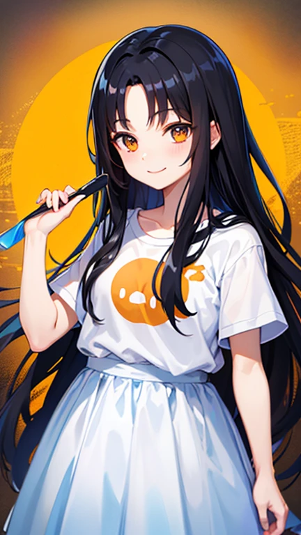 highest quality、Midsummer、black hair、long hair、orange eyes、Forehead is coming out、White big t-shirt、blue skirt、slouch、smile、Front facing、upward glance