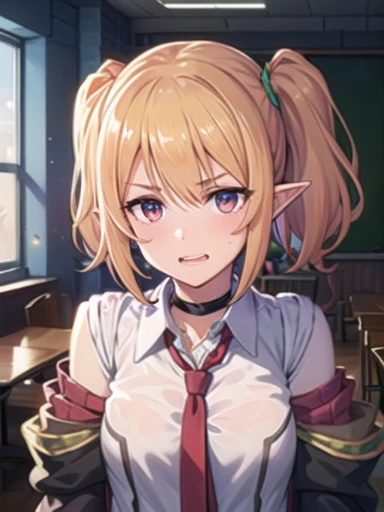 NSFW, see through,black bra,black panties,chloe,(masterpiece), (highest quality) , (super detailed), shine, shine光, ray tracing, Depth of the bounds written, (perfect face, detailed face, fine eyes,perfect hand :0.7),(8k),super realistic face,ray tracing,perfect lighting,highest quality, super detailed, shine目, (look at the audienceいる,smile:1.1), ((1 girl)), (mature woman:1.4), classroom,1 girl、solo、chest、look at the audience、blush、bangs、chloe(princess connect),whole body,Teresa's Girls Academy Uniform、pointy ears、twin tails、elf、blonde hair、tie、black coat、gray shirt、purple eyes、choker、手首のScrunchie、Scrunchie、pleated skirt、黒いchoker、red skirt、緑のtie、open clothes、hair between eyes、socks、thigh straps、loafers、((super detailed背景)), mistress pose, ((8k wallpaper)) , smile, blush, outdoor, Day, blue sky, empty, look at the audienceいる, moody lighting, face-to-face audience,
