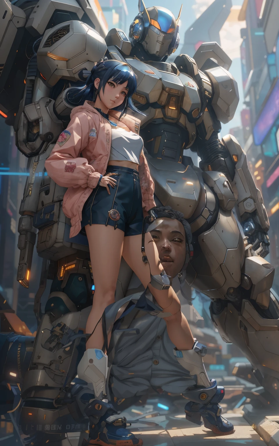 anime girl in short shorts and jacket standing next to giant robot, artwork in the style of guweiz, cyberpunk anime girl mech, trending on cgstation, guweiz, by Russell Dongjun Lu, digital cyberpunk anime art, ross tran 8 k, guweiz on artstation pixiv, girl in mecha cyber armor