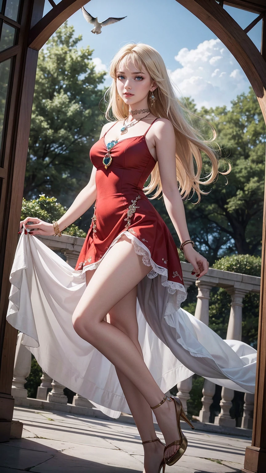 (highest quality, High resolution, masterpiece :1.3), 25 year old white woman、platinum blonde、blue eyeedium long hair、my hair is wavy、smile、Slender but well-proportioned muscular body、I&#39;m wearing earrings、I'm wearing a necklace、Wear accessories on your wrists and ankles、I&#39;m wearing a ring、I don&#39;t want my head to disappear from the screen.、Wearing red nail polish、I have a peticure、smile、wearing high heels、wearing a lace choker、wearing a mermaid dress、I am in a garden with an arch full of roses.、The arch is covered with roses、The blue sky is spreading behind the art、low angle camera angle、many white doves fly、smile